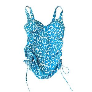 Lands’ End Turquoise White Leaf Print Gathered Side Tankini Top Size 6 DD